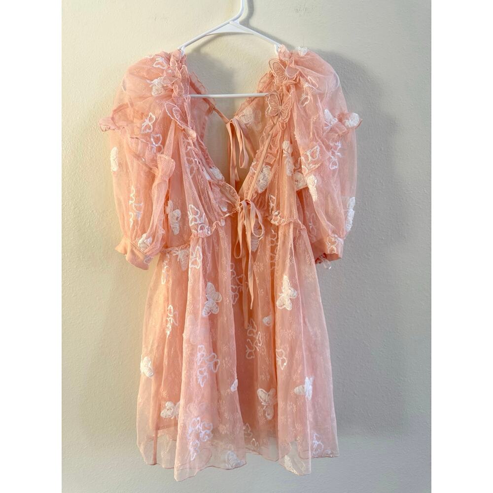 For Love & Lemons Shari Medium Peach Mini Dress Butterfly Sequin Lace NWT - Picture 7 of 16